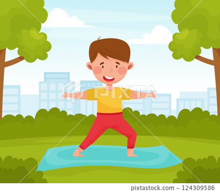 Boy Do Yoga with Kid Stand in Asana Vector Illustration Boy Do Yoga with Kid Stand in Asana Vector Illustration 124309586