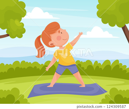 Girl Do Yoga with Kid Stand in Asana Vector Illustration Girl Do Yoga with Kid Stand in Asana Vector Illustration 124309587