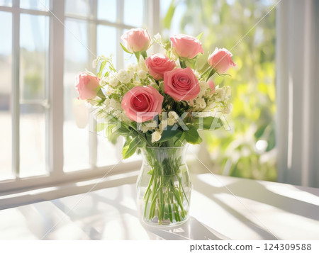 Beautiful bouquet of flowers close up. Floral decoration in minimalist style interior. 124309588