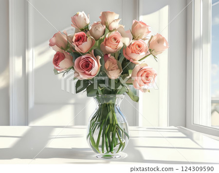Beautiful bouquet of flowers close up. Floral decoration in minimalist style interior. Beautiful bouquet of flowers close up. Floral decoration in minimalist style interior. 124309590