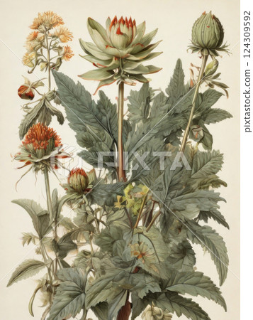 Beautiful illustration of unique flower. Prehistoric plant. Beautiful illustration of unique flower. Prehistoric plant. 124309592