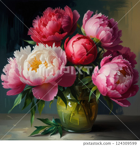 Floral painting background. Beautiful bouquet of pink peony flowers. Floral painting background. Beautiful bouquet of pink peony flowers. 124309599