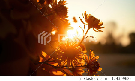 Floral background. Beautiful flowers illuminated by sunset light. Floral background. Beautiful flowers illuminated by sunset light. 124309623