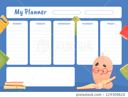 Cute Worm Character with Book in Glasses Planner Vector Template 124309628