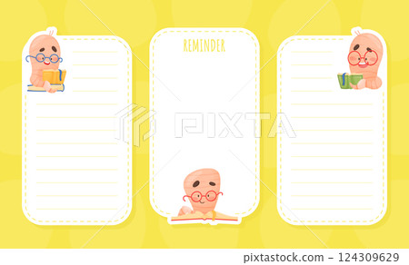 Cute Worm Character with Book in Glasses Note Card Vector Template 124309629