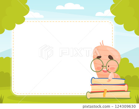 Cute Worm Character with Book in Glasses Note Card Vector Template Cute Worm Character with Book in Glasses Note Card Vector Template 124309630