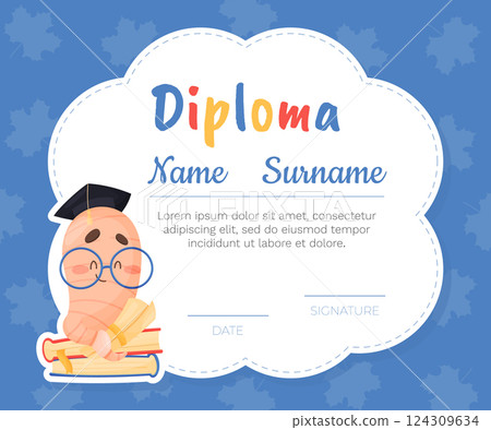 Cute Worm Character with Book in Glasses Diploma Vector Template Cute Worm Character with Book in Glasses Diploma Vector Template 124309634