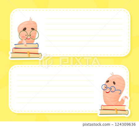 Cute Worm Character with Book in Glasses Note Card Vector Template Cute Worm Character with Book in Glasses Note Card Vector Template 124309636