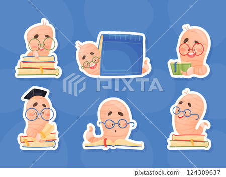 Cute Worm Character with Book in Glasses Vector Set Cute Worm Character with Book in Glasses Vector Set 124309637