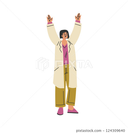 Woman Doctor and Medical Worker Stand in Uniform with Raised Hands Up Celebrate World Cancer Day Vector Illustration Woman Doctor and Medical Worker Stand in Uniform with Raised Hands Up Celebrate World Cancer Day Vector Illustration 124309640