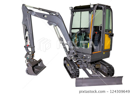 Powerful excavator ready for construction tasks in urban landscape. Isolated on white background. Powerful excavator ready for construction tasks in urban landscape. Isolated on white background. 124309649
