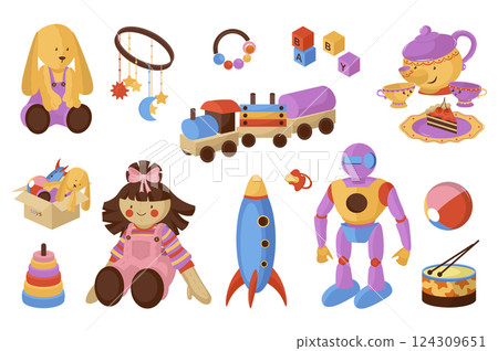 Children toys set in flat cartoon design. Collection graphic elements with teddy rabbit, hanging mobile, cubes, tea cups and teapot, train, pyramid, doll, rocket, robot, other. Vector illustration. 124309651