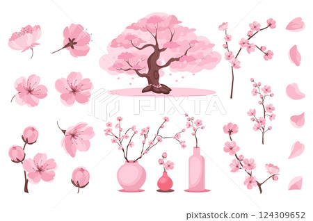 Sakura blossom set in flat cartoon design. Collection graphic elements with soft pink flower heads, petals, buds on branches, blooming cherry tree, springtime bouquets in vases. Vector illustration. 124309652