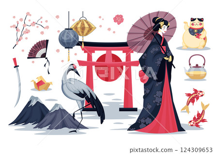 Japan culture set in flat cartoon design. Collection graphic elements with sakura branch, paper lantern, geisha in kimono, pagoda gate, mountains, origami, katana, tea, other. Vector illustration. 124309653