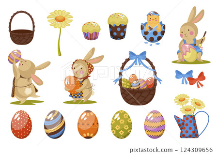 Happy Easter set in flat cartoon design. Collection graphic elements with cute bunny, eggs with holiday painting, baskets, daisy bouquets, christian cake and tradition symbols. Vector illustration. Happy Easter set in flat cartoon design. Collection graphic elements with cute bunny, eggs with holiday painting, baskets, daisy bouquets, christian cake and tradition symbols. Vector illustration. 124309656