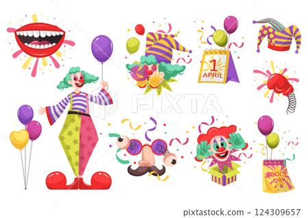 Fools day set in flat cartoon design. Collection graphic elements with laughing mouth, funny colorful clowns, joker hat, different prank toy in box, mask, calendar date, other. Vector illustration. 124309657