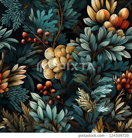An abstract garden of fantasy flowers and branches. A botanical symphony of colors. Generative AI 124309720