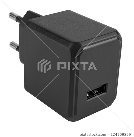 Black colored power adapter for safe charging of smartphones. Black colored power adapter for safe charging of smartphones. 124309899
