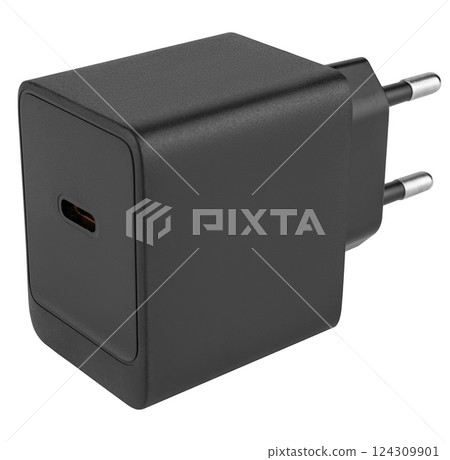 Powerful black colored power adapter for gadgets. Powerful black colored power adapter for gadgets. 124309901