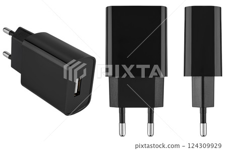 Stylish black power adapter on a white background. Stylish black power adapter on a white background. 124309929