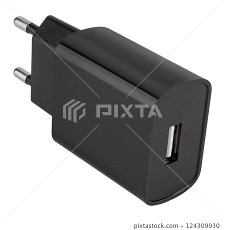 Compact black power adapter for charging smartphones and tablets. 124309930