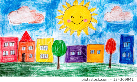 Colorful cityscape drawing with smiling sun and clouds 124309941