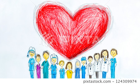 Medical team united under big red heart representing healthcare and love 124309974