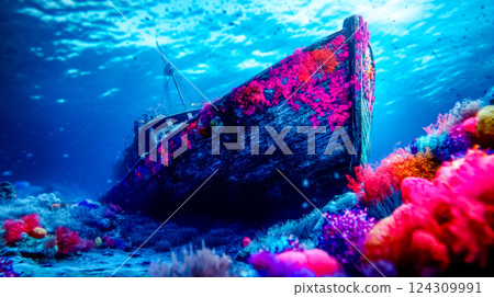 Sunken ship covered in colorful coral on the ocean floor 124309991