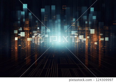Digital labyrinth of the future. Geometric figures in a shimmering glow, creating an illusion of infinity. Generative AI 124309997