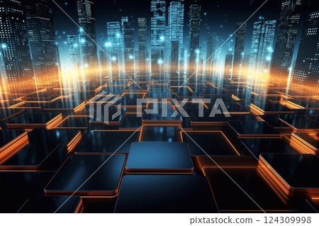A futuristic cityscape where digital blocks form a dynamic structure, blending elements of cyberpunk and modern design to create a sense of technological breakthrough. Generative AI 124309998