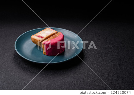 Round sweet New York roll croissant with raspberry cream filling Round sweet New York roll croissant with raspberry cream filling 124310074