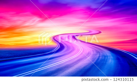 Winding road disappearing into colorful sunset sky 124310115