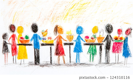 People sharing food at a community table in a crayon drawing 124310116