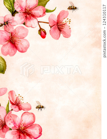 Blooming cherry blossoms and bees on watercolor paper background 124310117
