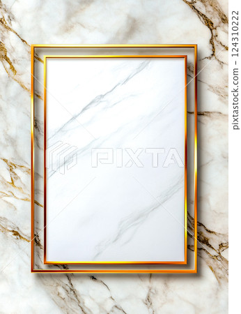 Elegant gold frame on white marble background for invitation or announcement 124310222