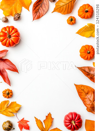 Autumn composition border with colorful leaves and pumpkins framing white empty copy space 124310298