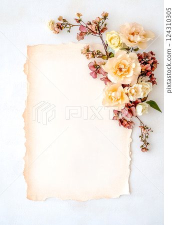 Wedding invitation mockup featuring parchment paper with orange and pink flowers 124310305