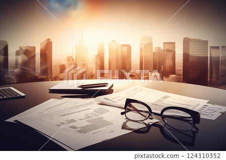Businessman analyzing investment charts with cityscape background. Accounting concept. Double exposure 124310352