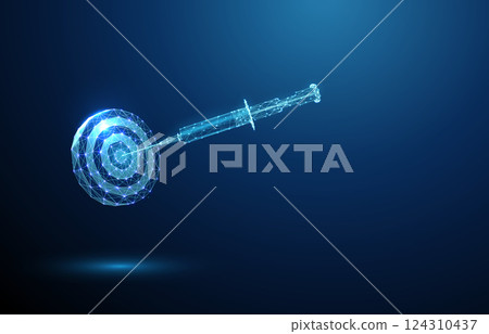 Syringe aimed at the center of a target. Pharmacogenetics concept, symbolizing precise drug delivery based on genetic profiles. Low poly style Syringe aimed at the center of a target. Pharmacogenetics concept, symbolizing precise drug delivery based on genetic profiles. Low poly style 124310437