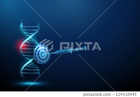 Syringe in the center of a target in front of a DNA helix with a red stain. Gene therapy, pharmacogenetics, biotech drugs, and nanotechnology in medicine concept. Syringe in the center of a target in front of a DNA helix with a red stain. Gene therapy, pharmacogenetics, biotech drugs, and nanotechnology in medicine concept. 124310445