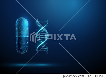 BMedical capsule with DNA helix. Gene therapy, pharmacogenetics, biotech drugs and nanotechnology medicine concept. Low poly style 124310451