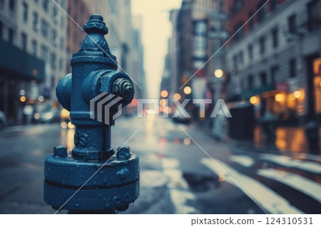 A fire hydrant on the street with bokeh and blurred city in background. Neural network ai generated A fire hydrant on the street with bokeh and blurred city in background. Neural network ai generated 124310531