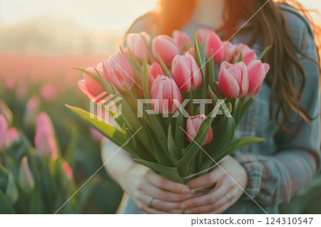 Young woman holding pink tulips in sunlit field. Neural network AI generated 124310547