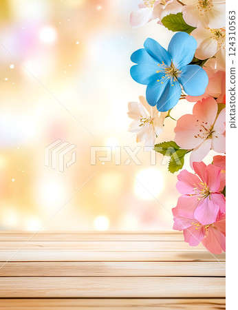 Colorful flowers blooming over wooden table on blurred background 124310563