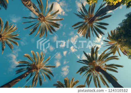 Upward view of palm trees against blue sky. Neural network AI generated 124310582
