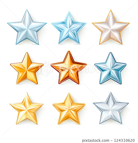Set of nine realistic metallic stars in gold, silver and bronze, isolated on white background 124310620