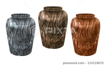 Planters, vases with the texture of natural striped stone. Dark gray, sepia, brown flowerpots for plants, bouquets. Watercolor container template for interior, exterior, garden flowers, plants, trees Planters, vases with the texture of natural striped stone. Dark gray, sepia, brown flowerpots for plants, bouquets. Watercolor container template for interior, exterior, garden flowers, plants, trees 124310678