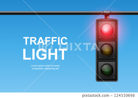 Vector Realistic Traffic Light with Red Light On. Pedestrian Signal in Focus. Traffic Light Illustration Against a Clear Blue Sky Background 124310698