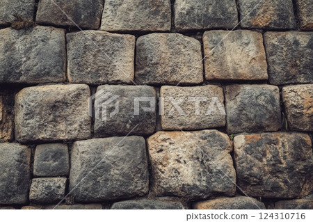 Close-up view of stone wall with weathered texture. Neural network AI generated 124310716