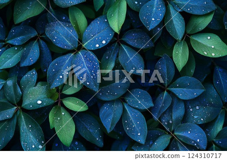 Close-up of dew-studded leaves in moody blue tones. Neural network AI generated 124310717